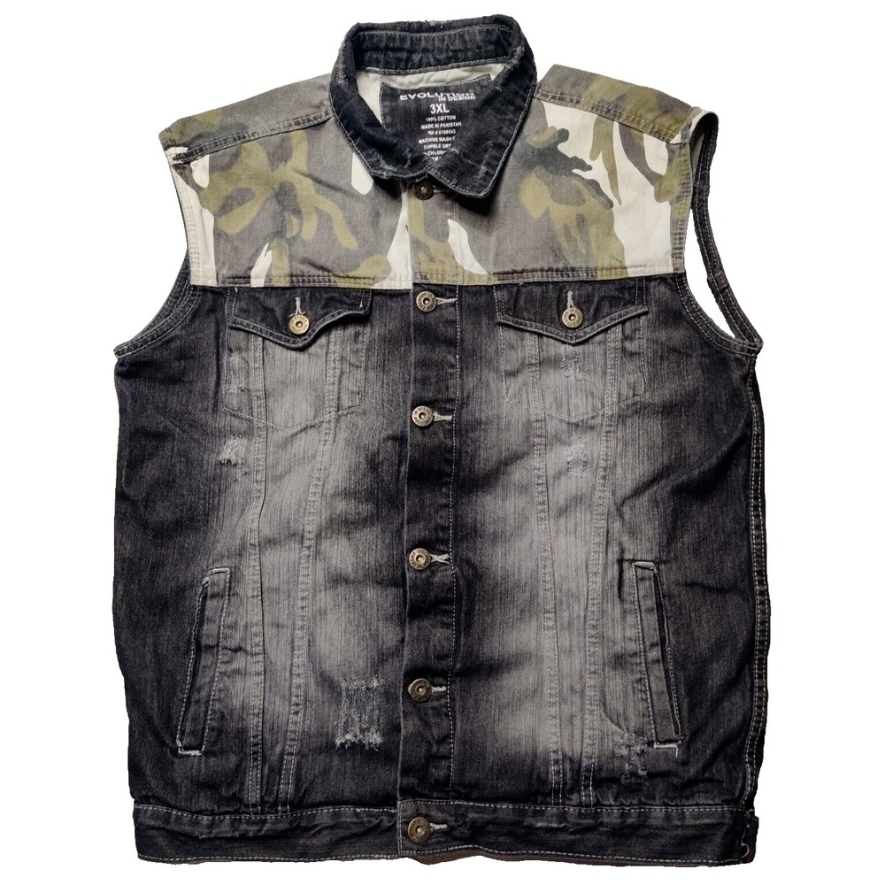 EVOLUTION IN DESIGN Men 3XL (READ US XL) Black Denim Camo Cotton Trucker Vest